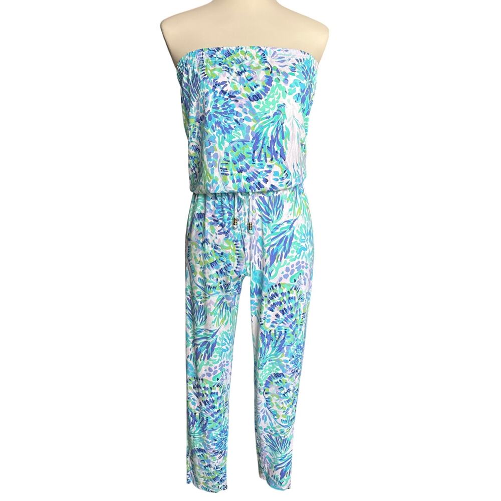 Lilly Pulitzer Strapless Jumpsuit Blue Green Tropical Print Medium Resort Wear